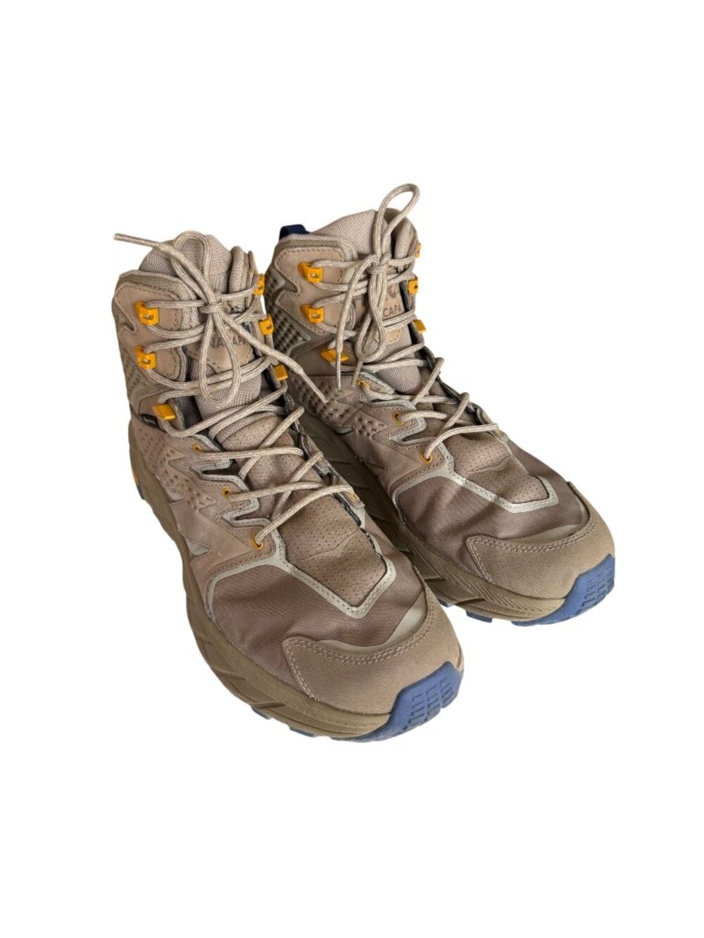 Hoka One One Tan Trail Boots with Yellow Eyelets and Blue Toe Caps